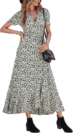 PRETTYGARDEN Women's Summer Maxi Dress Casual Wrap Floral Boho Short Sleeve V Neck Split Ruffle Beach Long Dresses