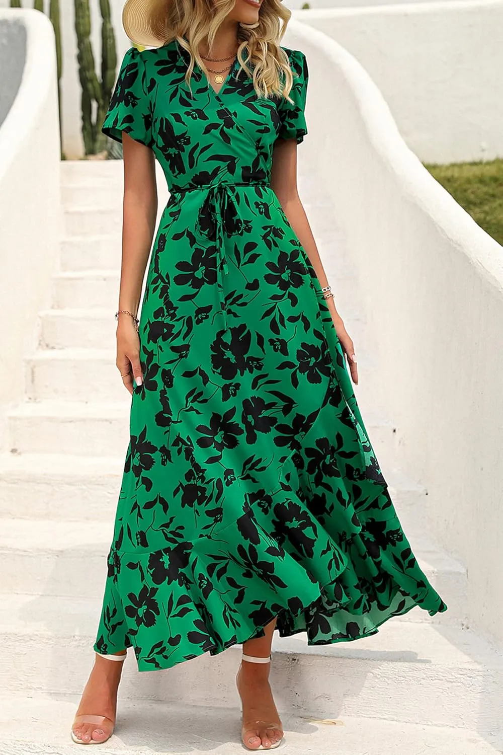 PRETTYGARDEN Women's Summer Maxi Dress Casual Wrap Floral Boho Short Sleeve V Neck Split Ruffle Beach Long Dresses
