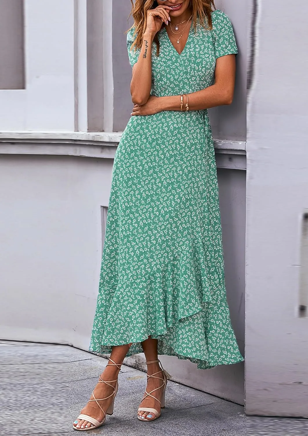 PRETTYGARDEN Women's Summer Maxi Dress Casual Wrap Floral Boho Short Sleeve V Neck Split Ruffle Beach Long Dresses