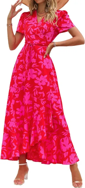 PRETTYGARDEN Women's Summer Maxi Dress Casual Wrap Floral Boho Short Sleeve V Neck Split Ruffle Beach Long Dresses