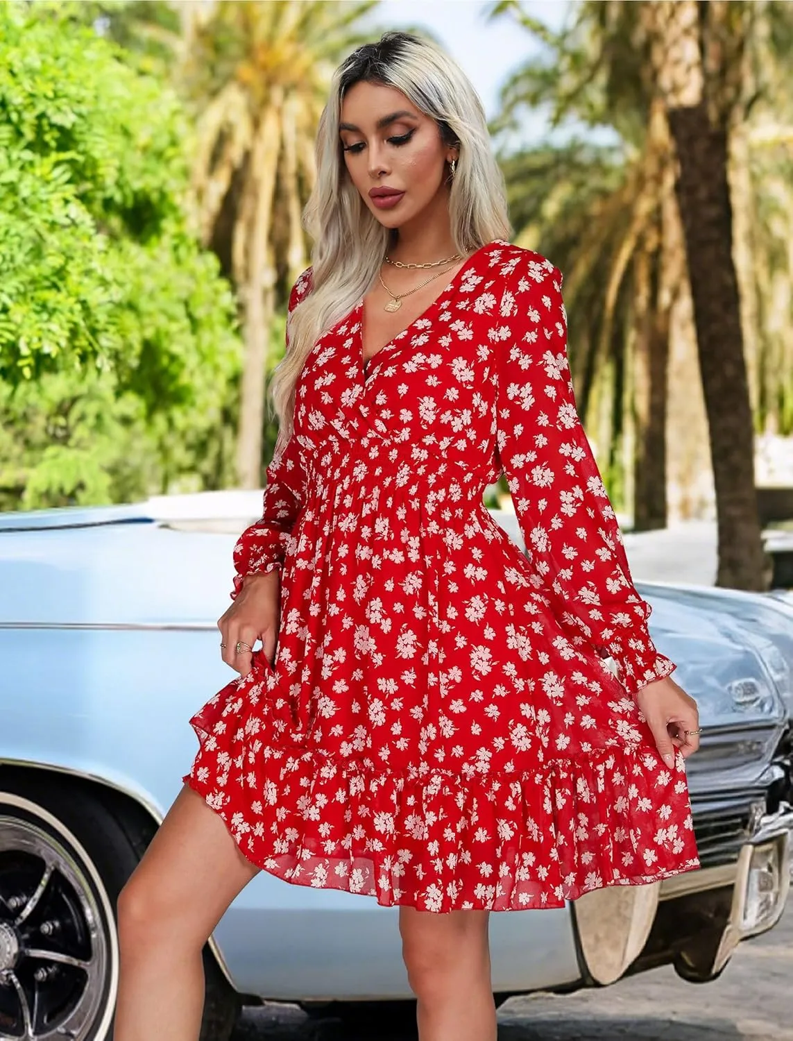 Prettywear Women's Floral Chiffon Long Sleeve Mini Dress Flowy A-Line Wrap Neck Tie Back Short Dress