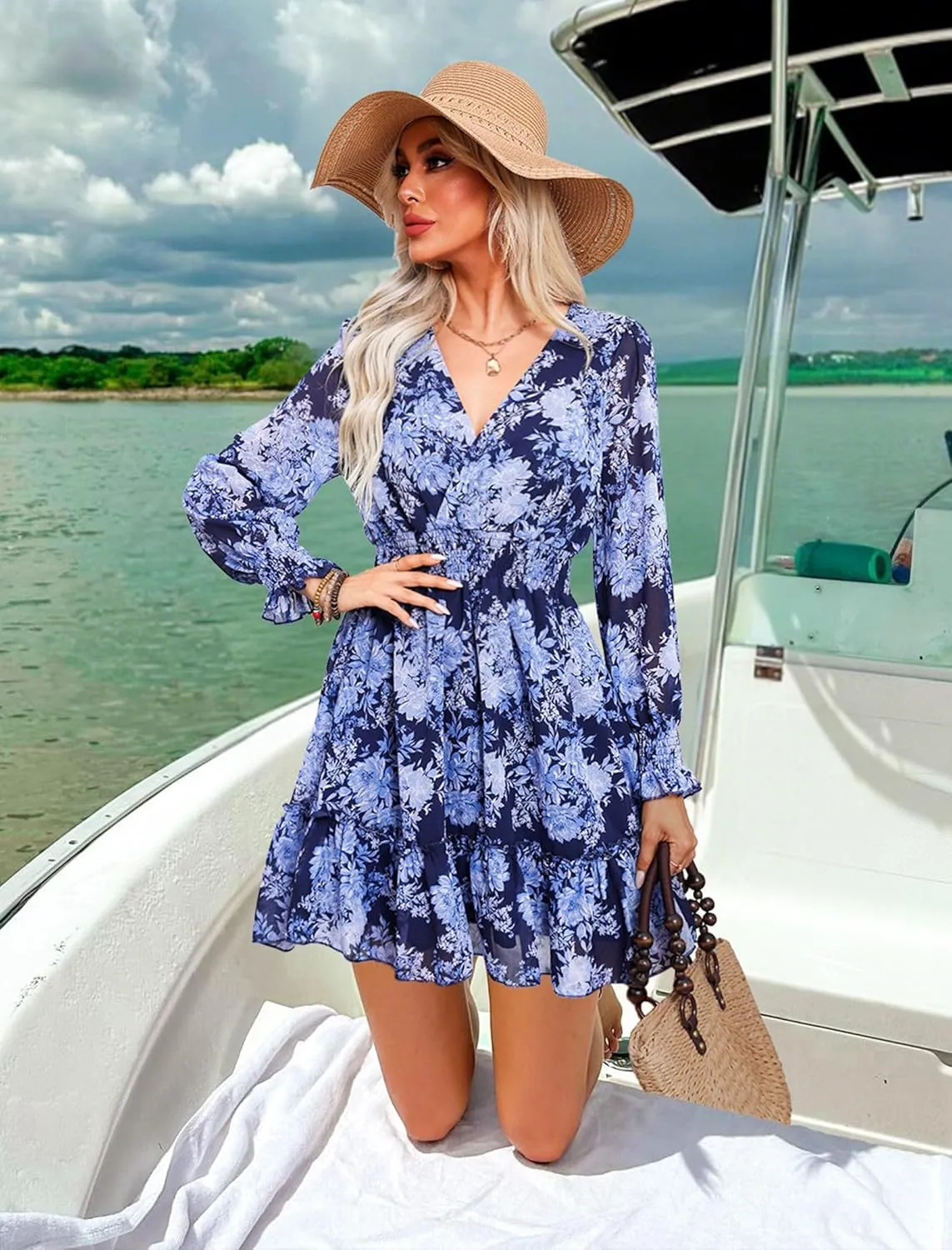 Prettywear Women's Floral Chiffon Long Sleeve Mini Dress Flowy A-Line Wrap Neck Tie Back Short Dress