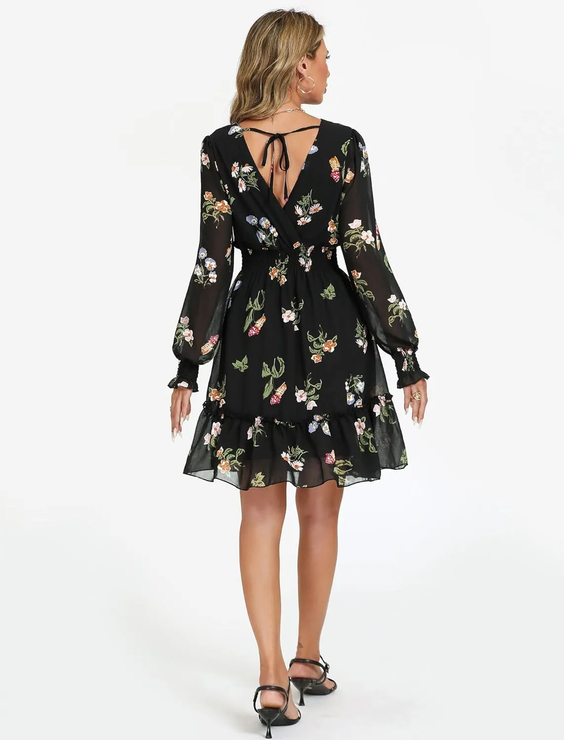 Prettywear Women's Floral Chiffon Long Sleeve Mini Dress Flowy A-Line Wrap Neck Tie Back Short Dress