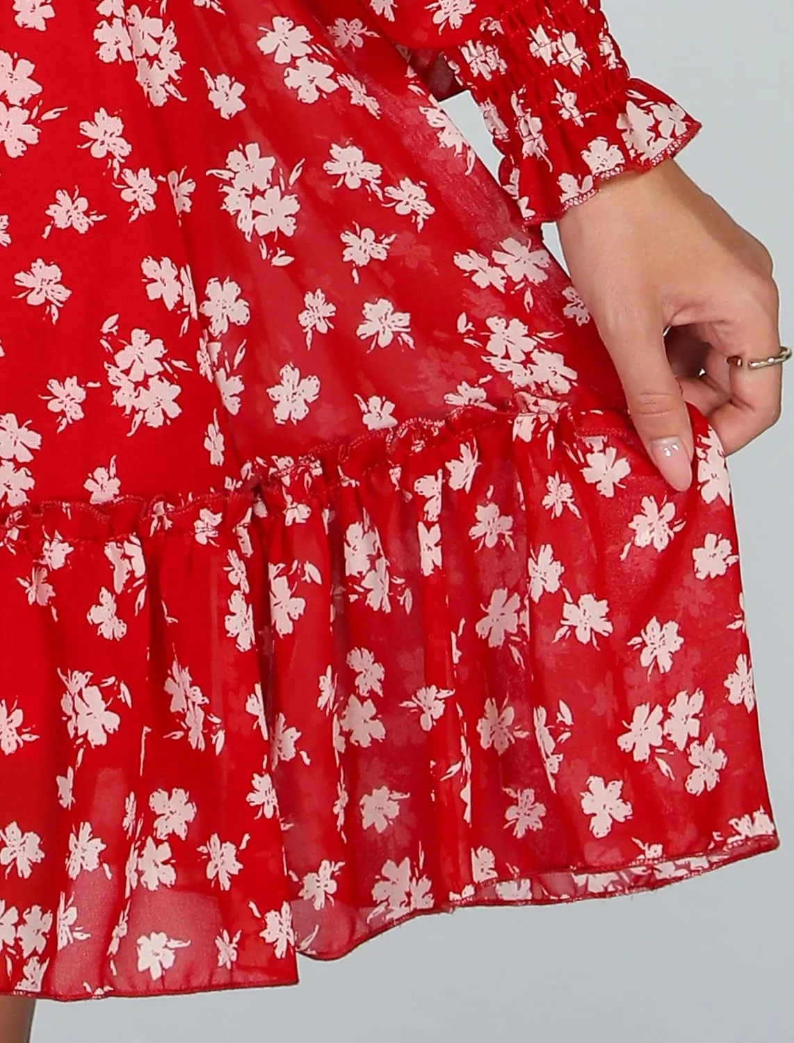 Prettywear Women's Floral Chiffon Long Sleeve Mini Dress Flowy A-Line Wrap Neck Tie Back Short Dress