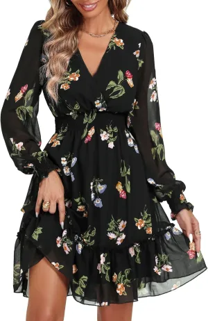 Prettywear Women's Floral Chiffon Long Sleeve Mini Dress Flowy A-Line Wrap Neck Tie Back Short Dress