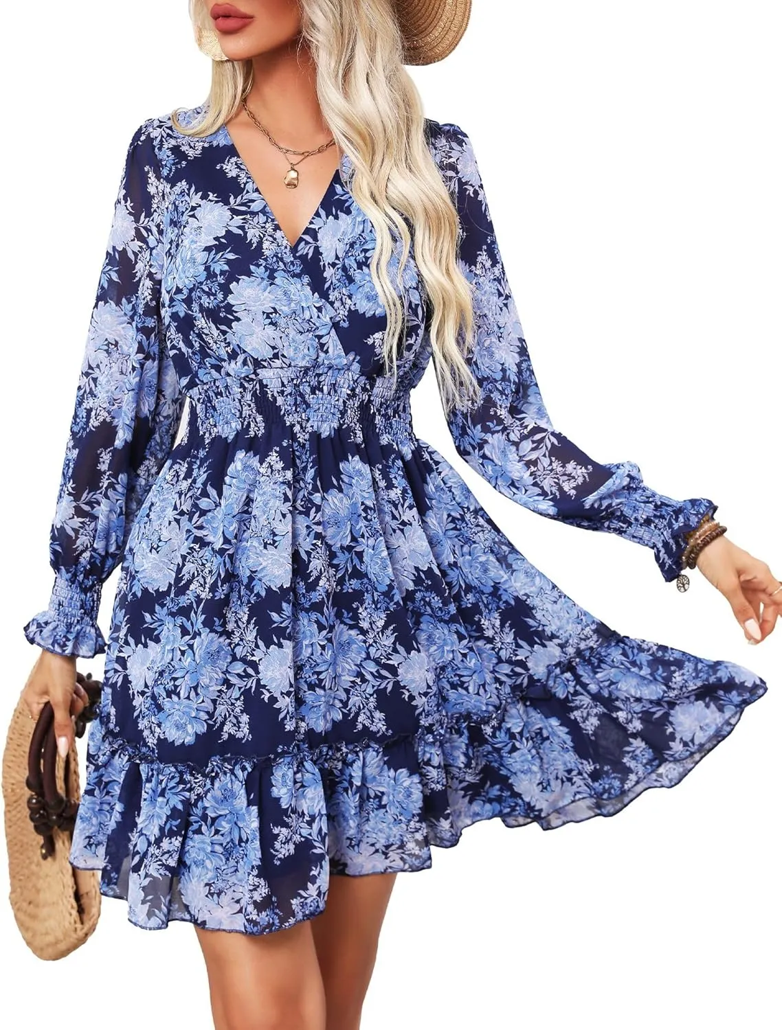 Prettywear Women's Floral Chiffon Long Sleeve Mini Dress Flowy A-Line Wrap Neck Tie Back Short Dress