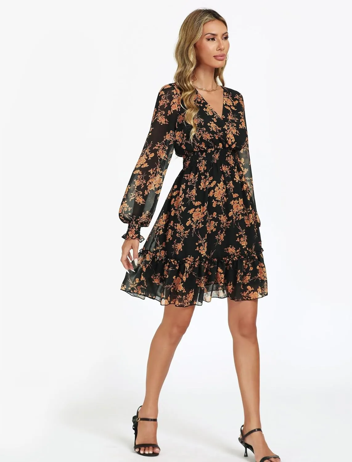 Prettywear Women's Floral Chiffon Long Sleeve Mini Dress Flowy A-Line Wrap Neck Tie Back Short Dress