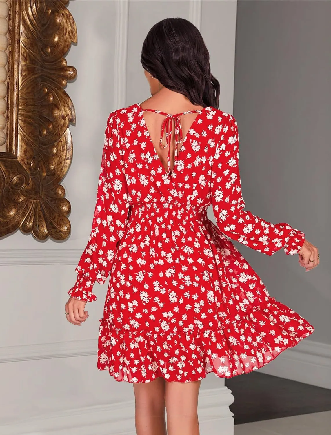 Prettywear Women's Floral Chiffon Long Sleeve Mini Dress Flowy A-Line Wrap Neck Tie Back Short Dress