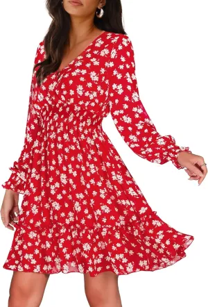 Prettywear Women's Floral Chiffon Long Sleeve Mini Dress Flowy A-Line Wrap Neck Tie Back Short Dress