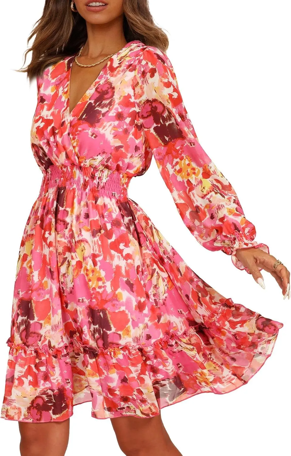 Prettywear Women's Floral Chiffon Long Sleeve Mini Dress Flowy A-Line Wrap Neck Tie Back Short Dress