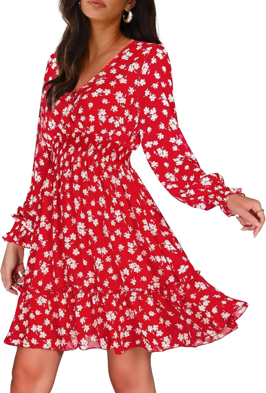 Prettywear Women's Floral Chiffon Long Sleeve Mini Dress Flowy A-Line Wrap Neck Tie Back Short Dress