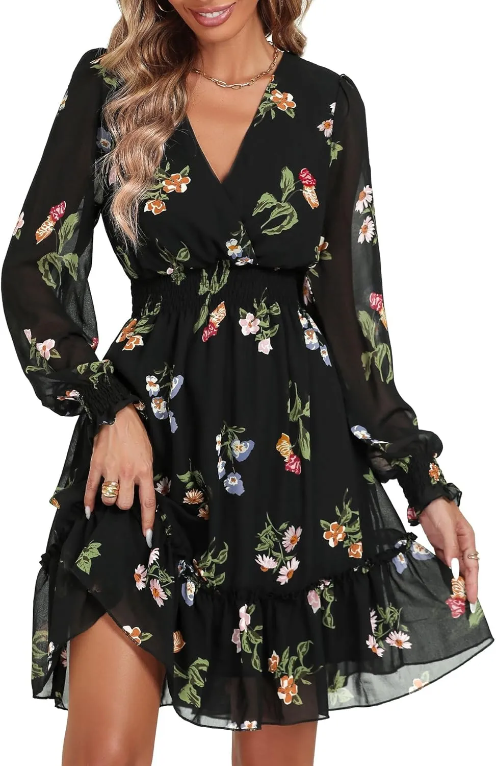 Prettywear Women's Floral Chiffon Long Sleeve Mini Dress Flowy A-Line Wrap Neck Tie Back Short Dress
