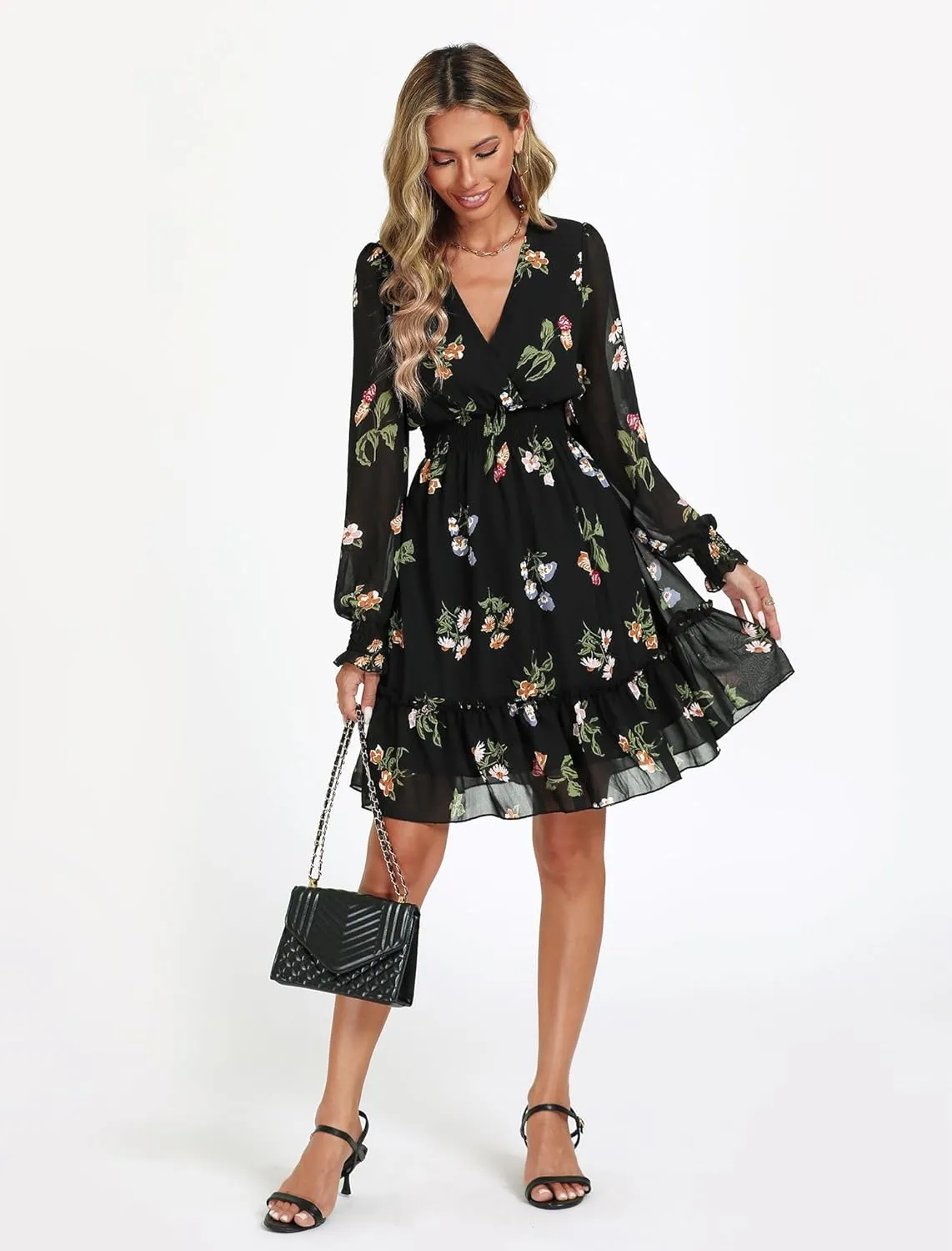 Prettywear Women's Floral Chiffon Long Sleeve Mini Dress Flowy A-Line Wrap Neck Tie Back Short Dress