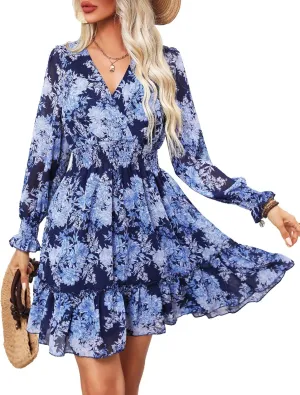Prettywear Women's Floral Chiffon Long Sleeve Mini Dress Flowy A-Line Wrap Neck Tie Back Short Dress