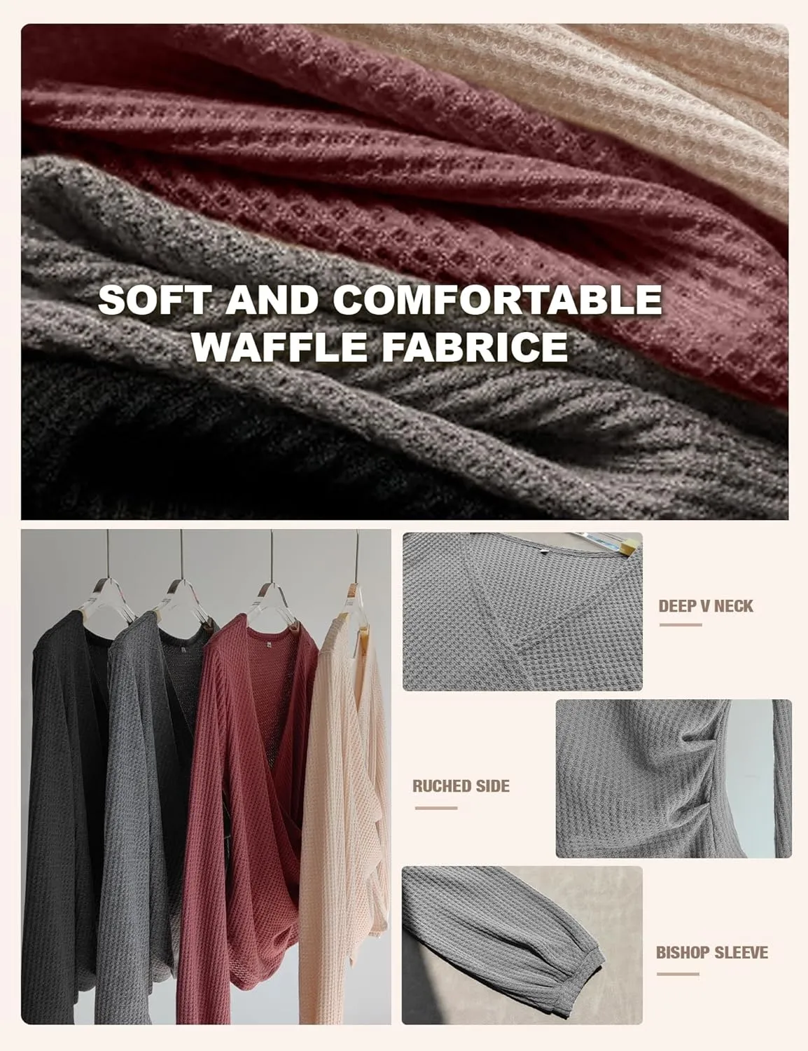 Prettywear Women's Long Sleeve Wrap Tops Sexy Casual Waffle Knit V Neck Shirts Solid Color Ruched Tunic Top Blouses Slim fit