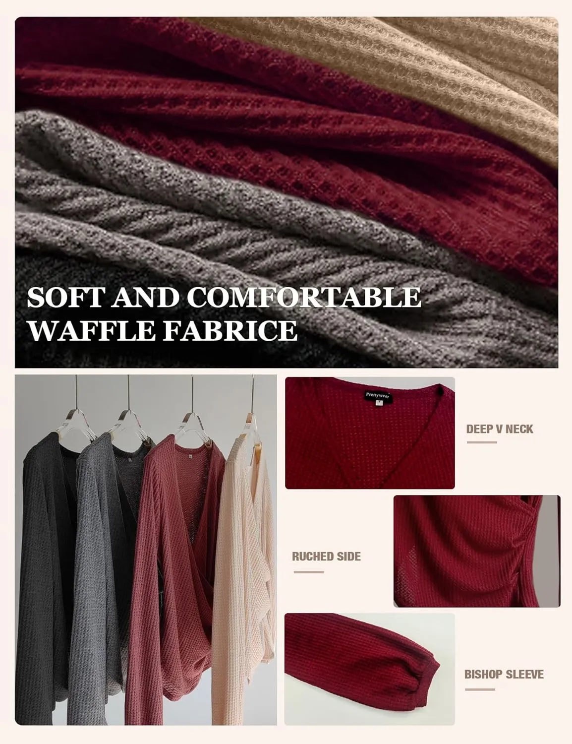 Prettywear Women's Long Sleeve Wrap Tops Sexy Casual Waffle Knit V Neck Shirts Solid Color Ruched Tunic Top Blouses Slim fit
