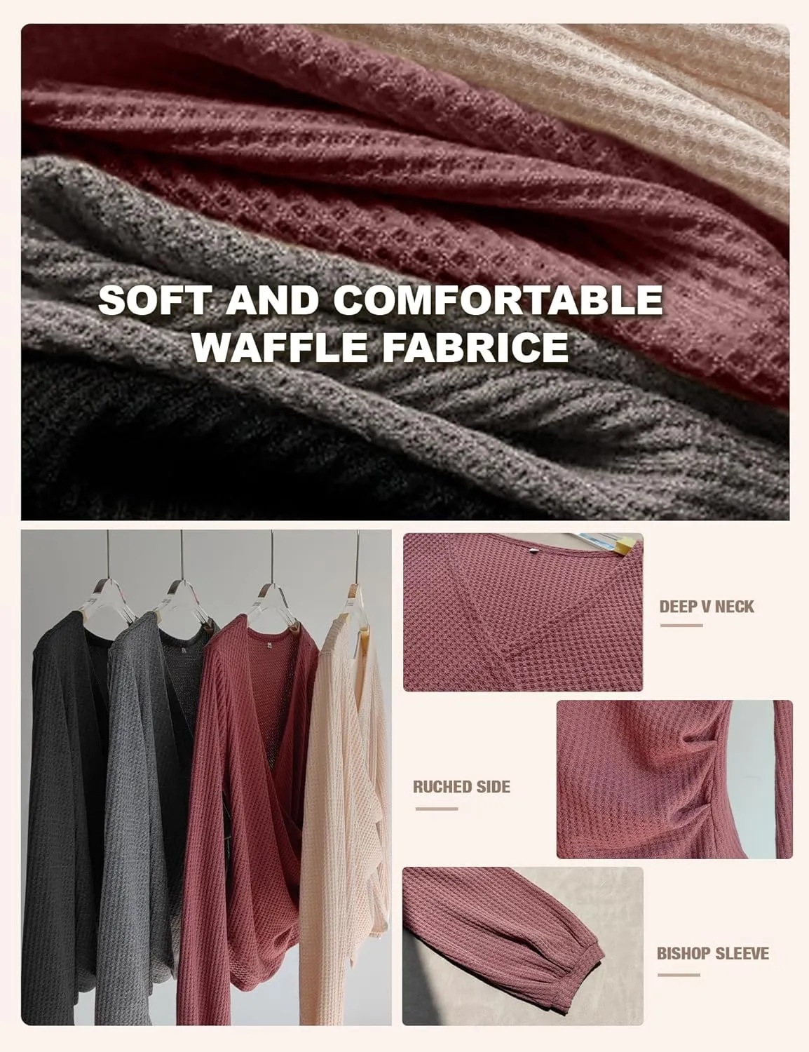 Prettywear Women's Long Sleeve Wrap Tops Sexy Casual Waffle Knit V Neck Shirts Solid Color Ruched Tunic Top Blouses Slim fit