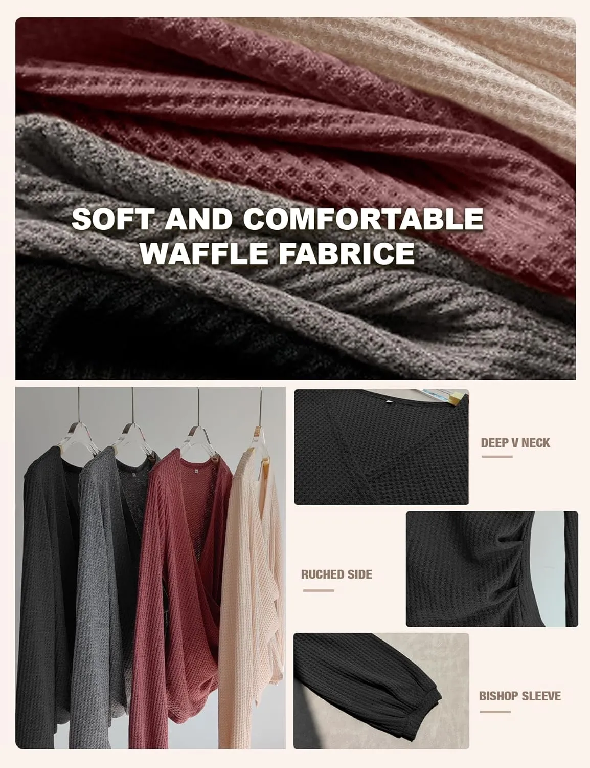 Prettywear Women's Long Sleeve Wrap Tops Sexy Casual Waffle Knit V Neck Shirts Solid Color Ruched Tunic Top Blouses Slim fit