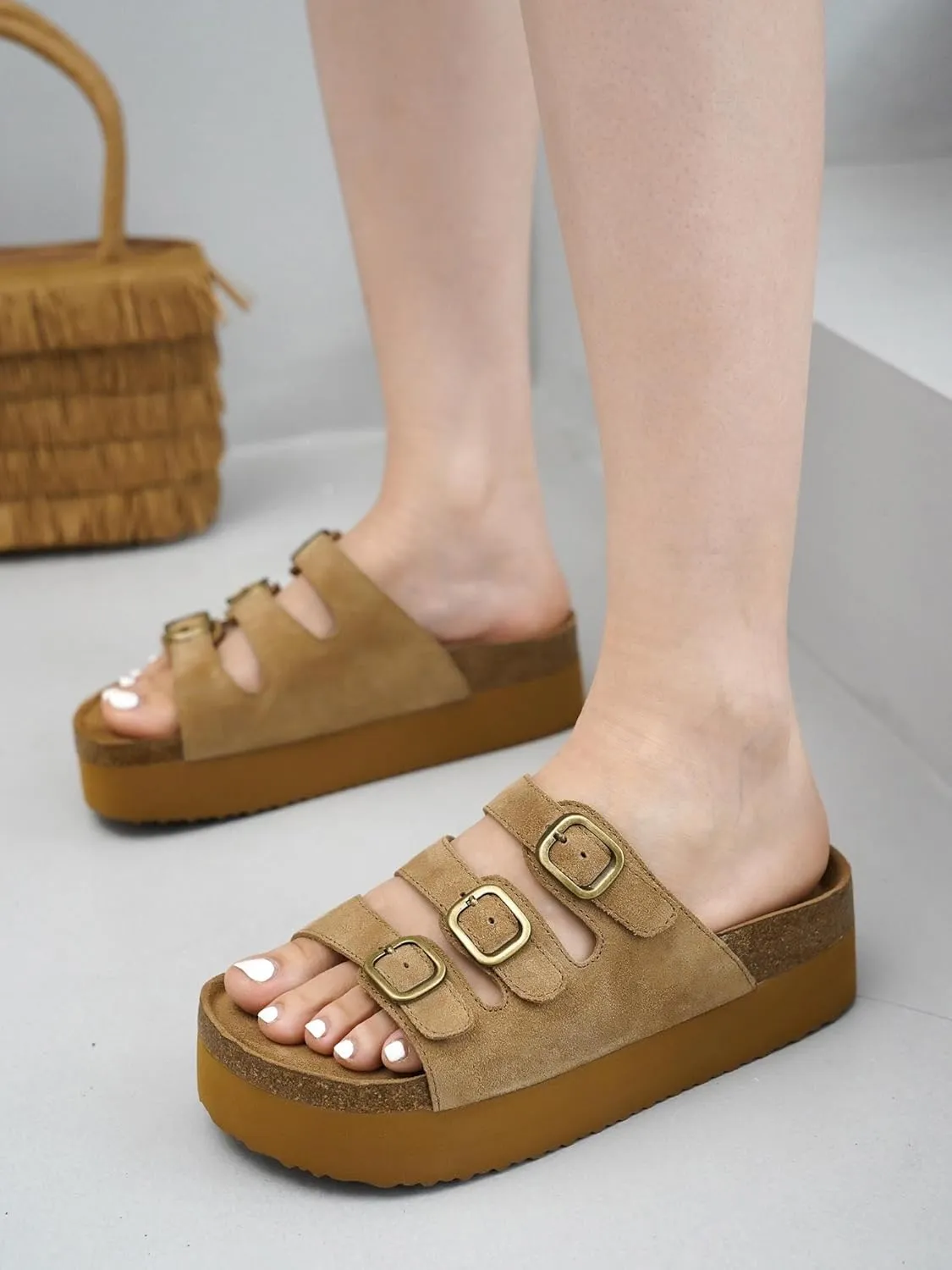 Project Cloud Genuine Suede Platform Sandals Women Footwear - Comfortable Wedges with Memory Foam Insole - Non Slip 3-Strap Summer Sandals for Women 2025 (Dyan)