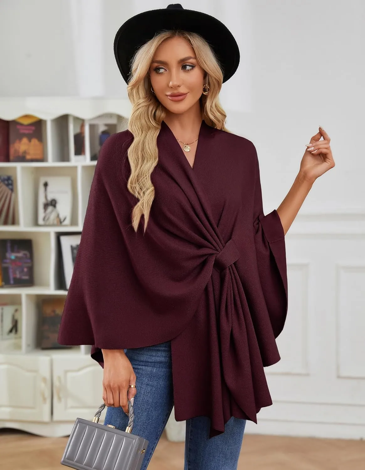 PULI Women's Elegant Shawl Wraps Soft Open Front Poncho Sweater for Spring Fall Winter