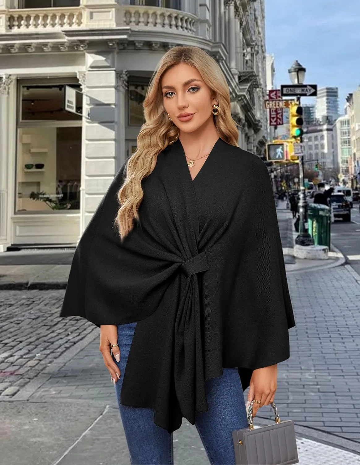 PULI Women's Elegant Shawl Wraps Soft Open Front Poncho Sweater for Spring Fall Winter