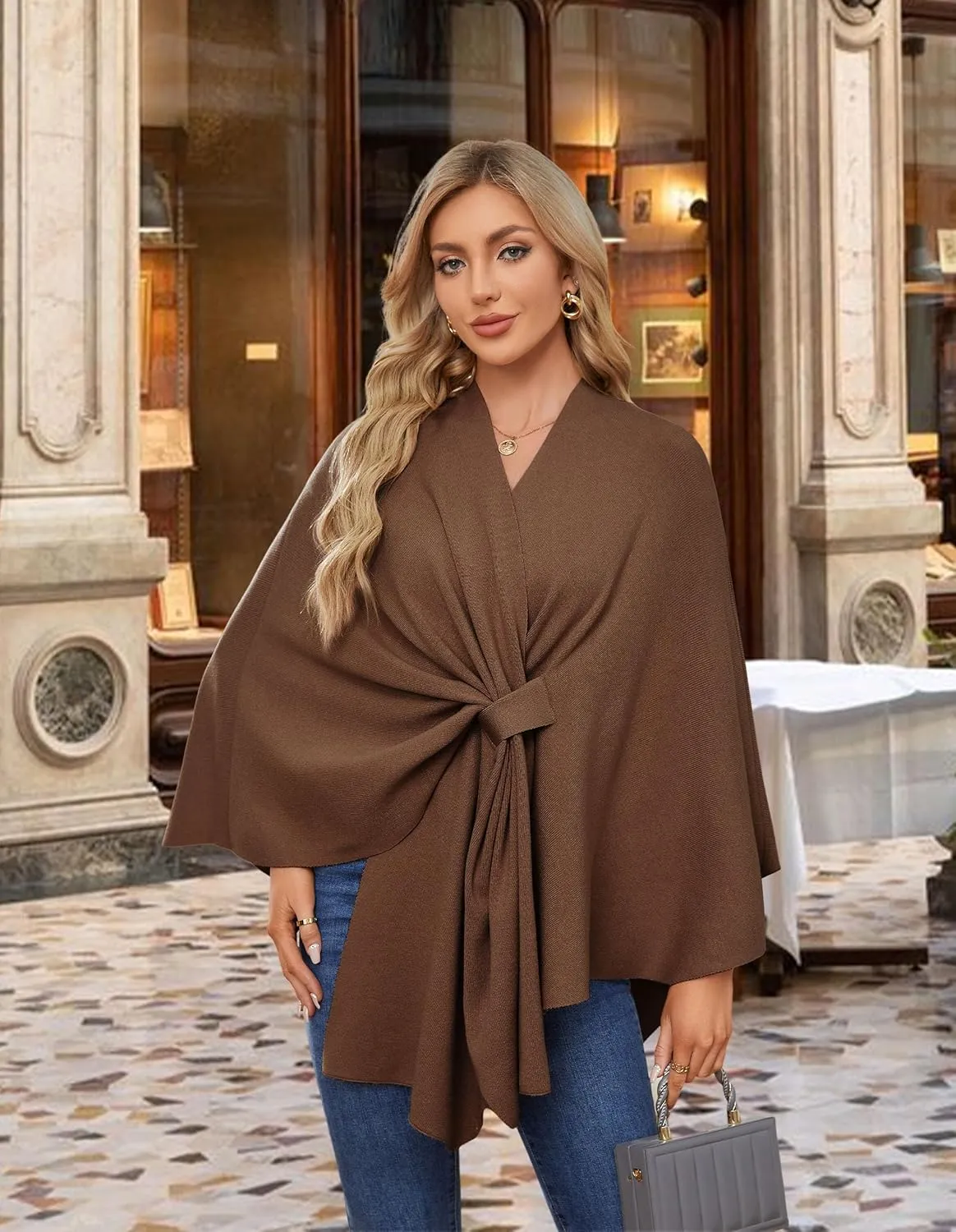 PULI Women's Elegant Shawl Wraps Soft Open Front Poncho Sweater for Spring Fall Winter