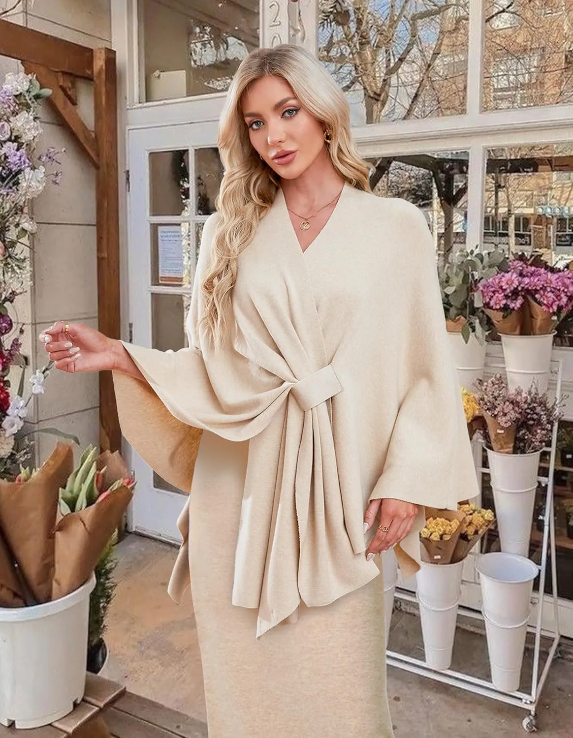 PULI Women's Elegant Shawl Wraps Soft Open Front Poncho Sweater for Spring Fall Winter