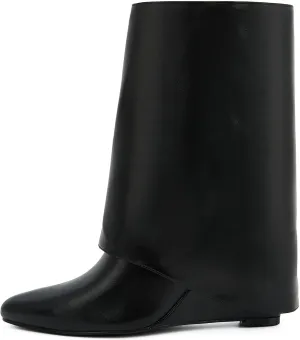 Putu Women's Fold Over Boots Mid Calf Wedge Boots Fashion Slouchy Boots
