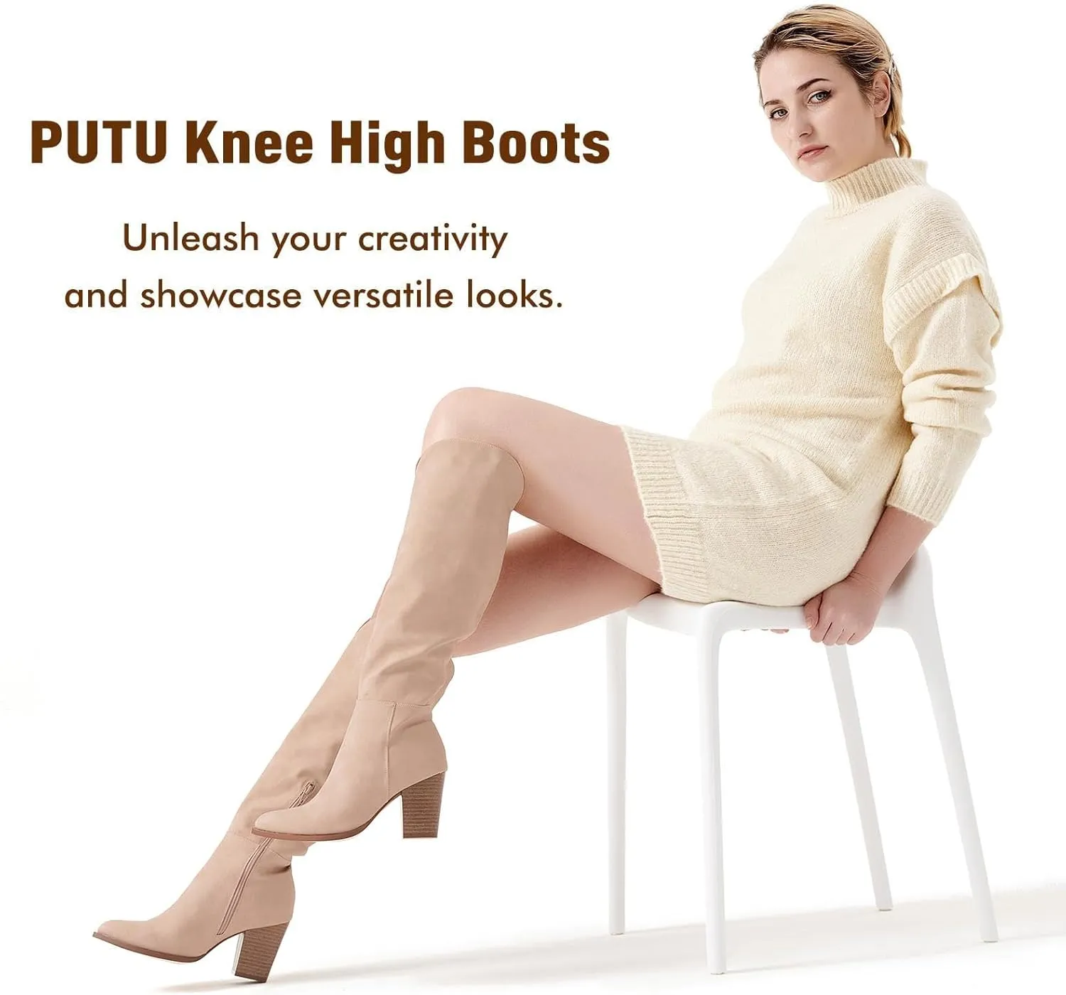 Putu Women's Knee High Boots High Heel Western Boots Pointed Toe Tall Boots Faux Leather
