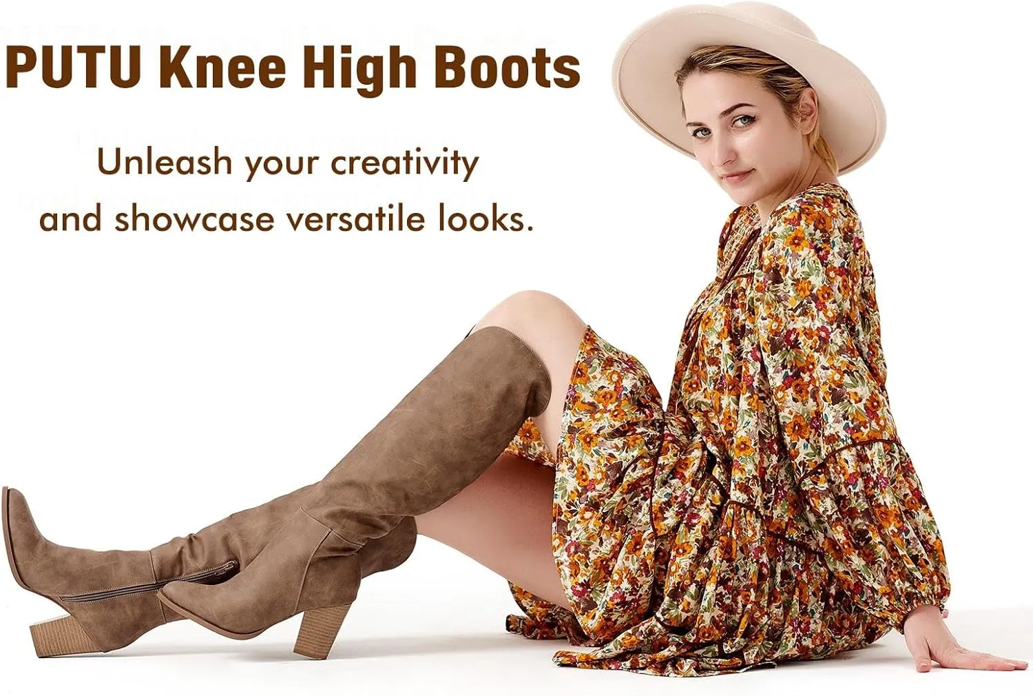 Putu Women's Knee High Boots High Heel Western Boots Pointed Toe Tall Boots Faux Leather