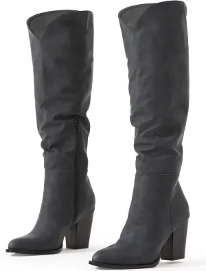 Putu Women's Knee High Boots High Heel Western Boots Pointed Toe Tall Boots Faux Leather