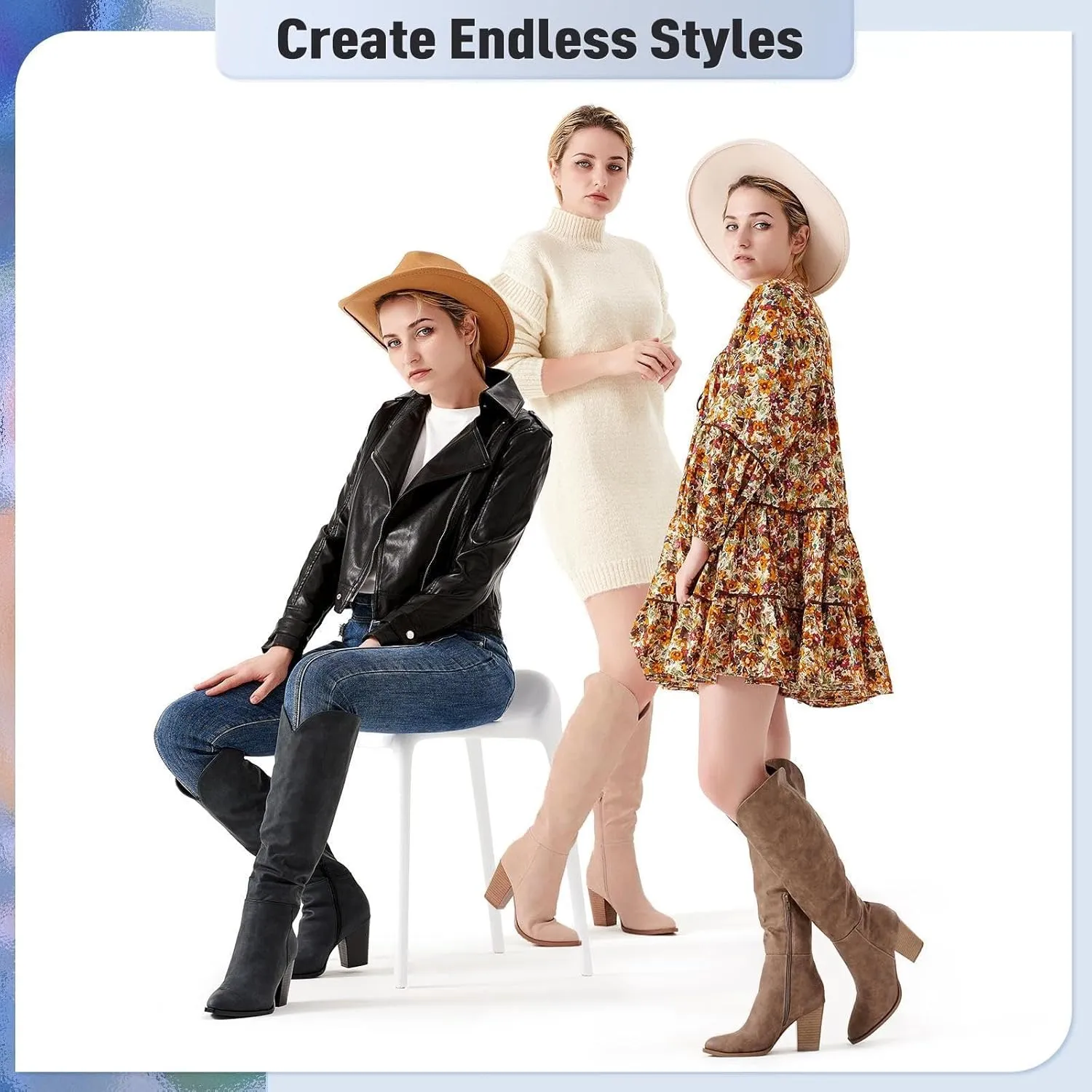 Putu Women's Knee High Boots High Heel Western Boots Pointed Toe Tall Boots Faux Leather