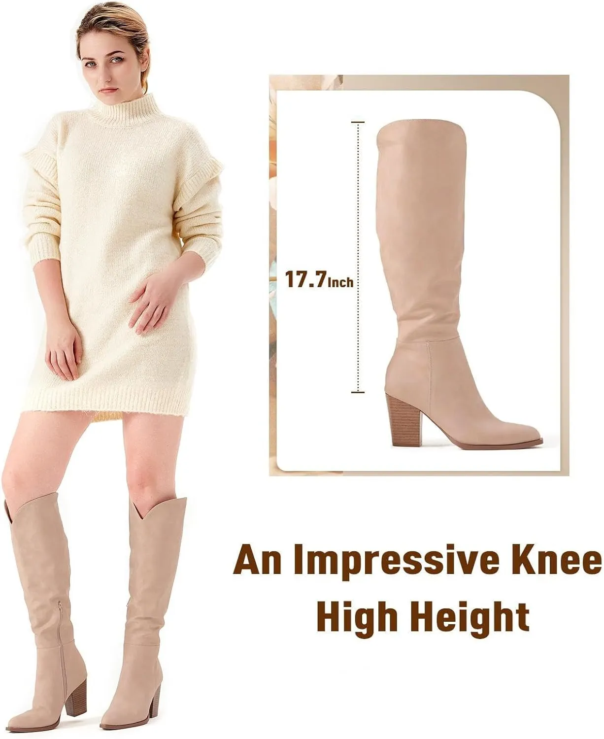 Putu Women's Knee High Boots High Heel Western Boots Pointed Toe Tall Boots Faux Leather
