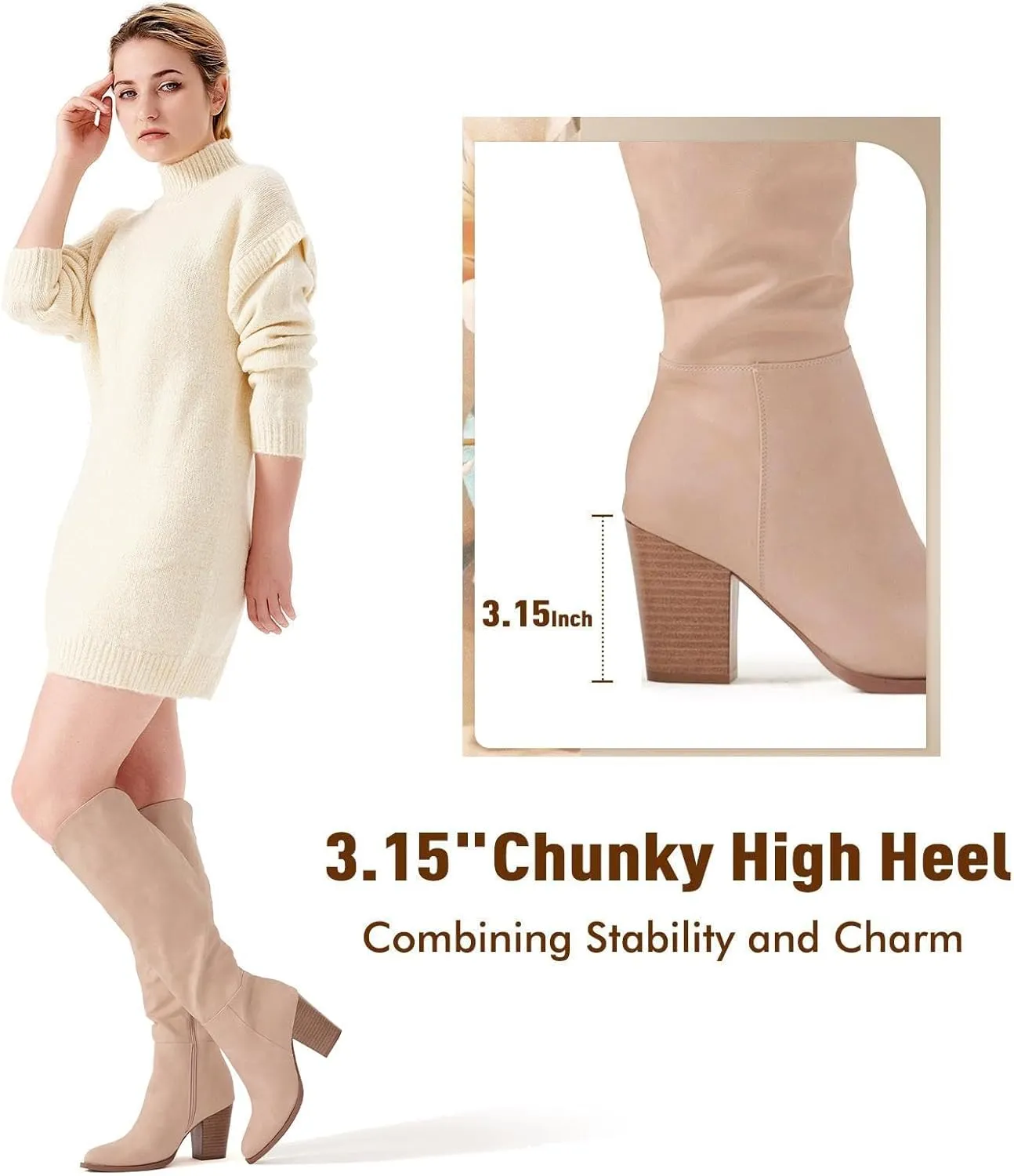 Putu Women's Knee High Boots High Heel Western Boots Pointed Toe Tall Boots Faux Leather