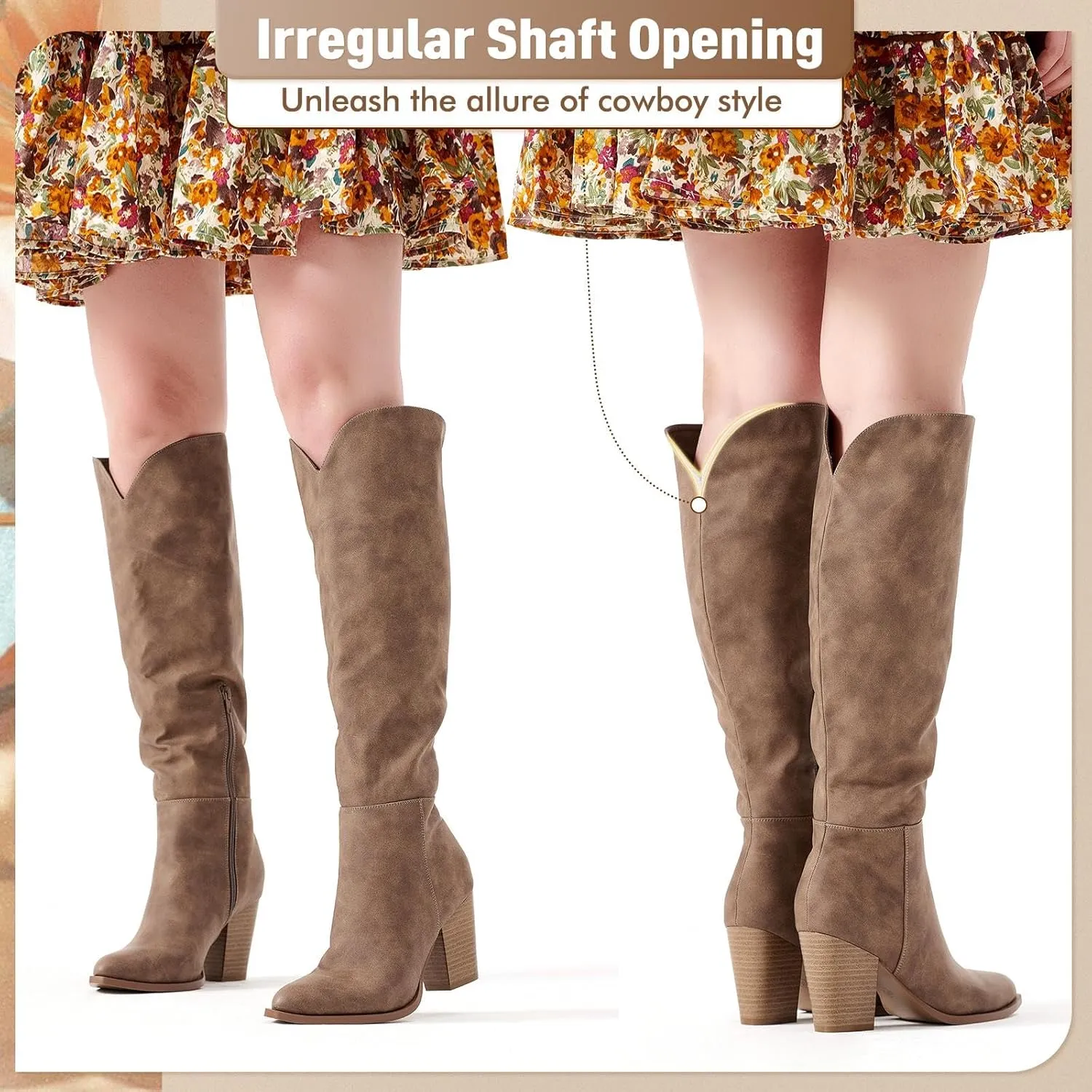 Putu Women's Knee High Boots High Heel Western Boots Pointed Toe Tall Boots Faux Leather