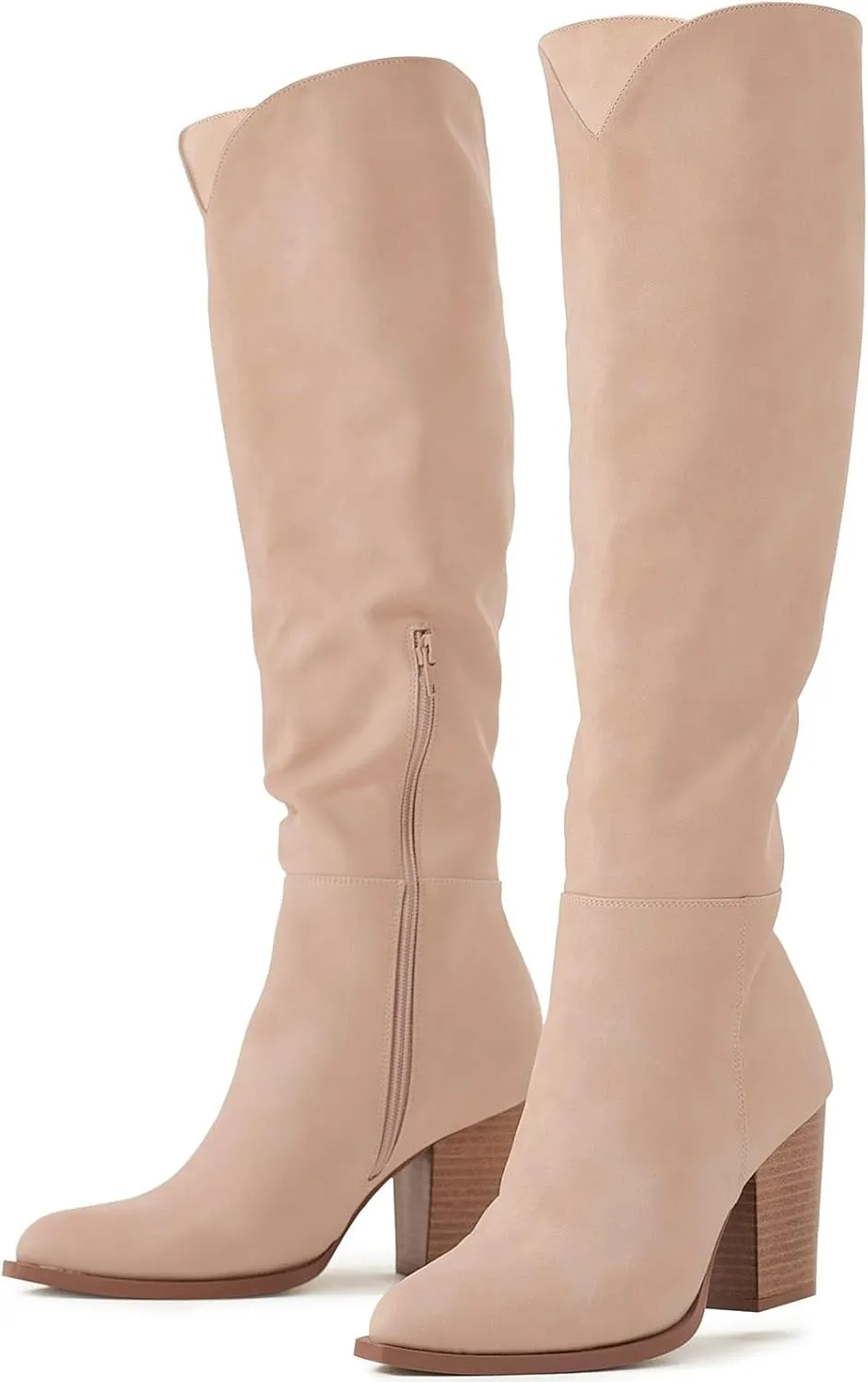 Putu Women's Knee High Boots High Heel Western Boots Pointed Toe Tall Boots Faux Leather