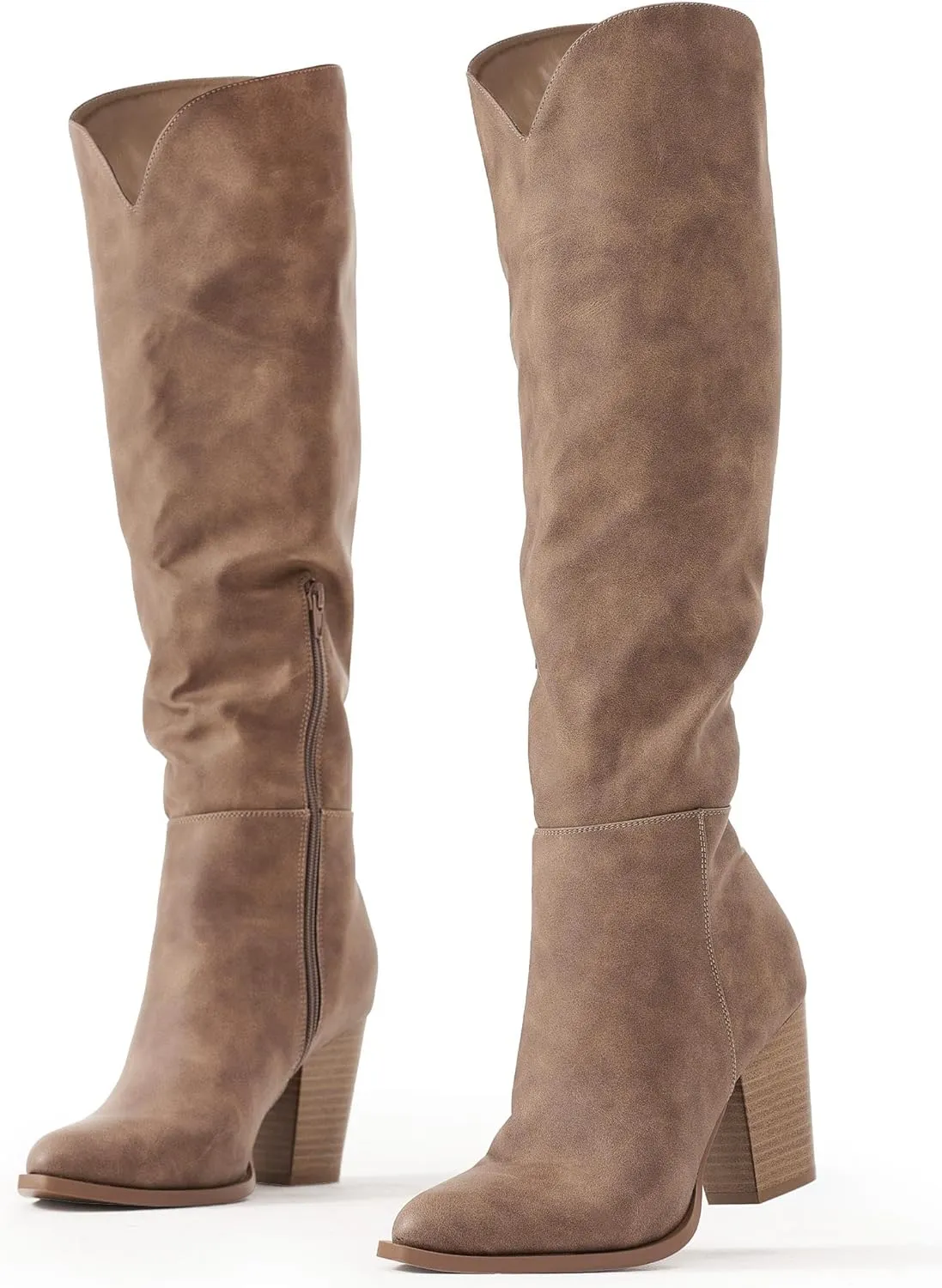 Putu Women's Knee High Boots High Heel Western Boots Pointed Toe Tall Boots Faux Leather