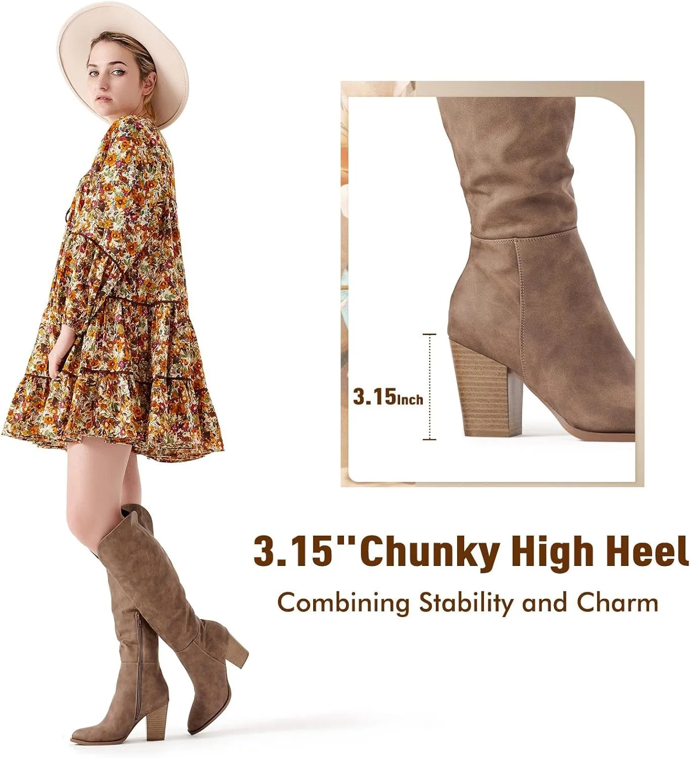 Putu Women's Knee High Boots High Heel Western Boots Pointed Toe Tall Boots Faux Leather