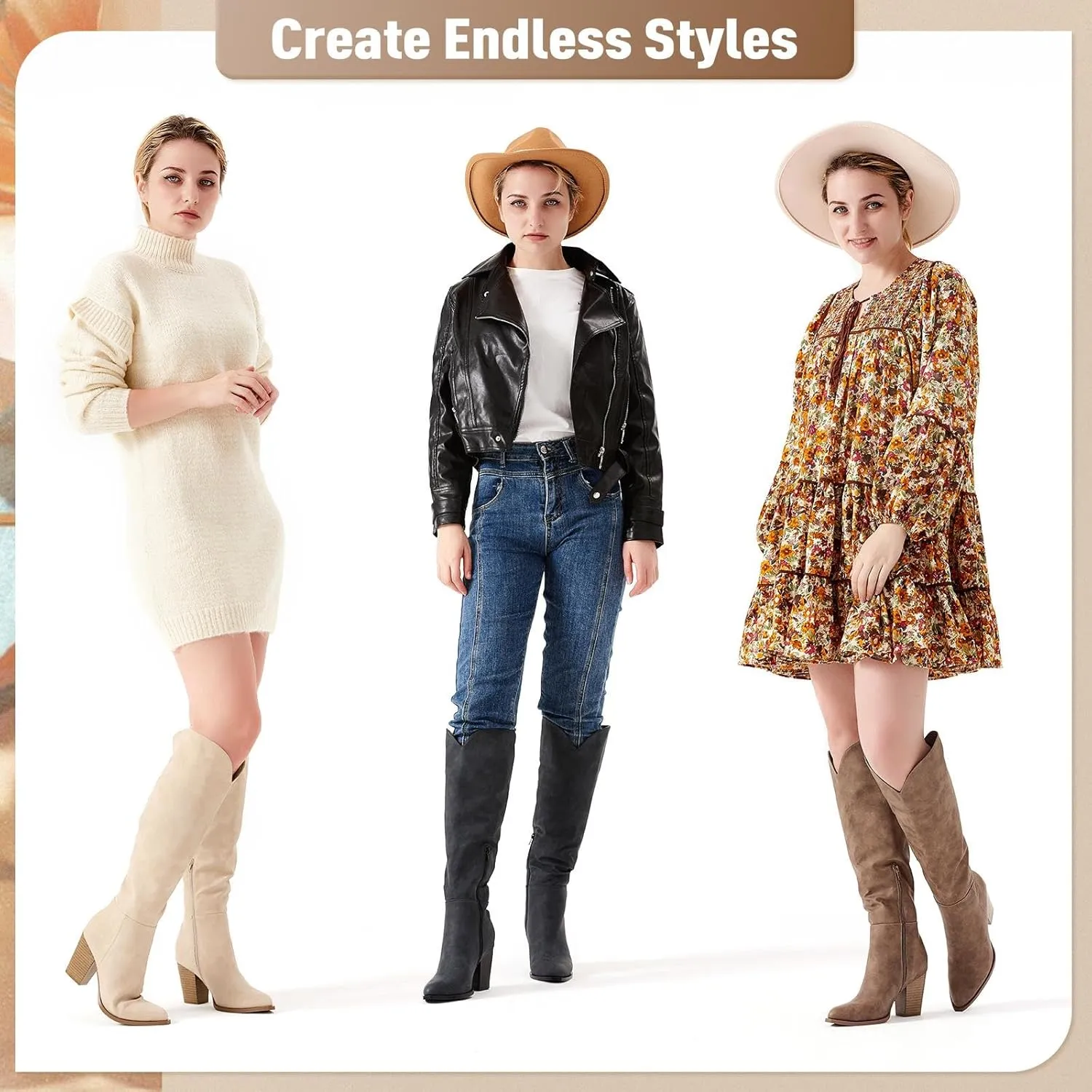 Putu Women's Knee High Boots High Heel Western Boots Pointed Toe Tall Boots Faux Leather