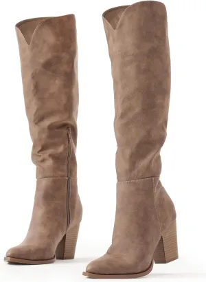 Putu Women's Knee High Boots High Heel Western Boots Pointed Toe Tall Boots Faux Leather