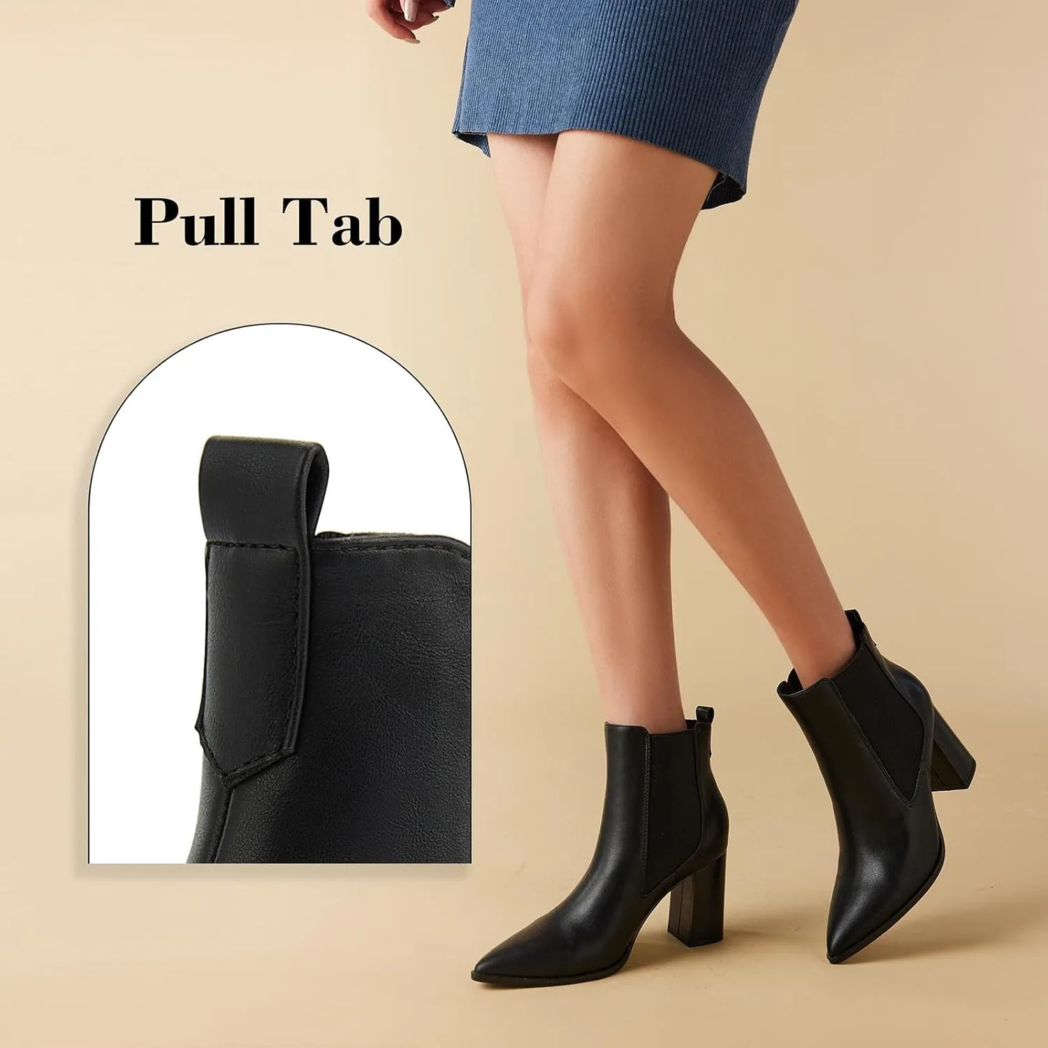 Putu Women's Pointed Toe Ankle Boots Chunky Heel Chelsea Boots Pull on Heeled Booties with Elastic Gore