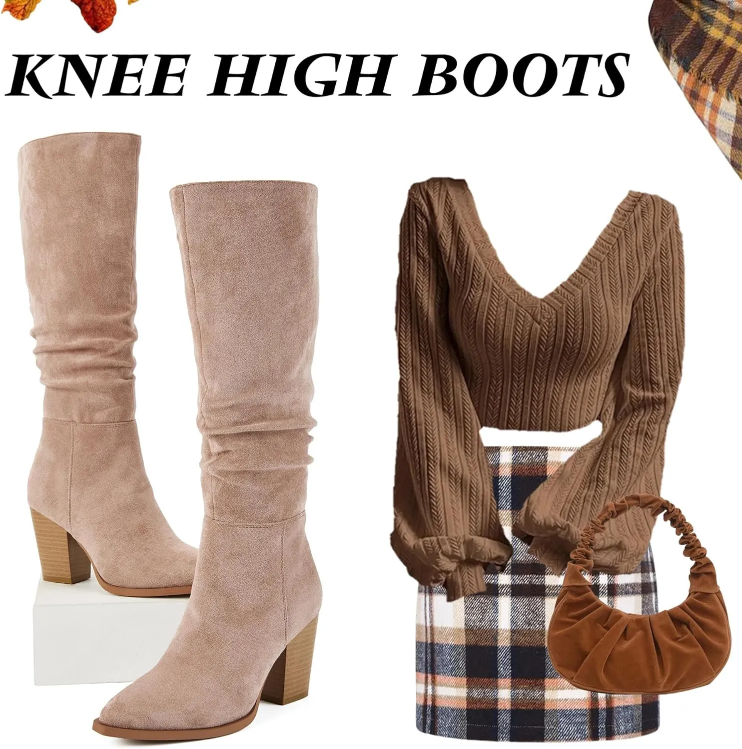 Putu Women's Pointed Toe Knee High Boots Faux Suede Slouch Boots with Chunky Heel