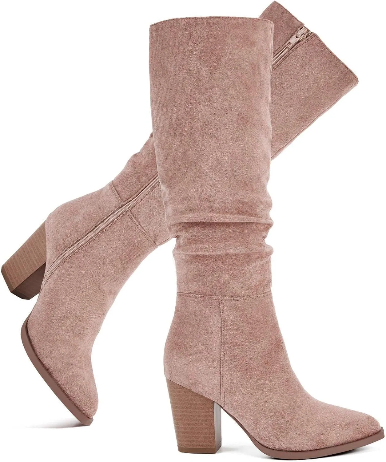Putu Women's Pointed Toe Knee High Boots Faux Suede Slouch Boots with Chunky Heel