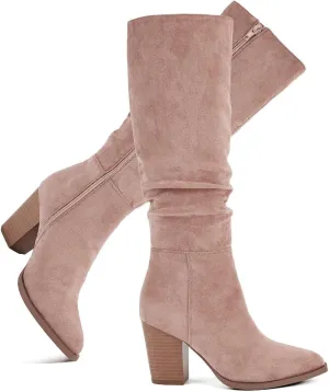 Putu Women's Pointed Toe Knee High Boots Faux Suede Slouch Boots with Chunky Heel