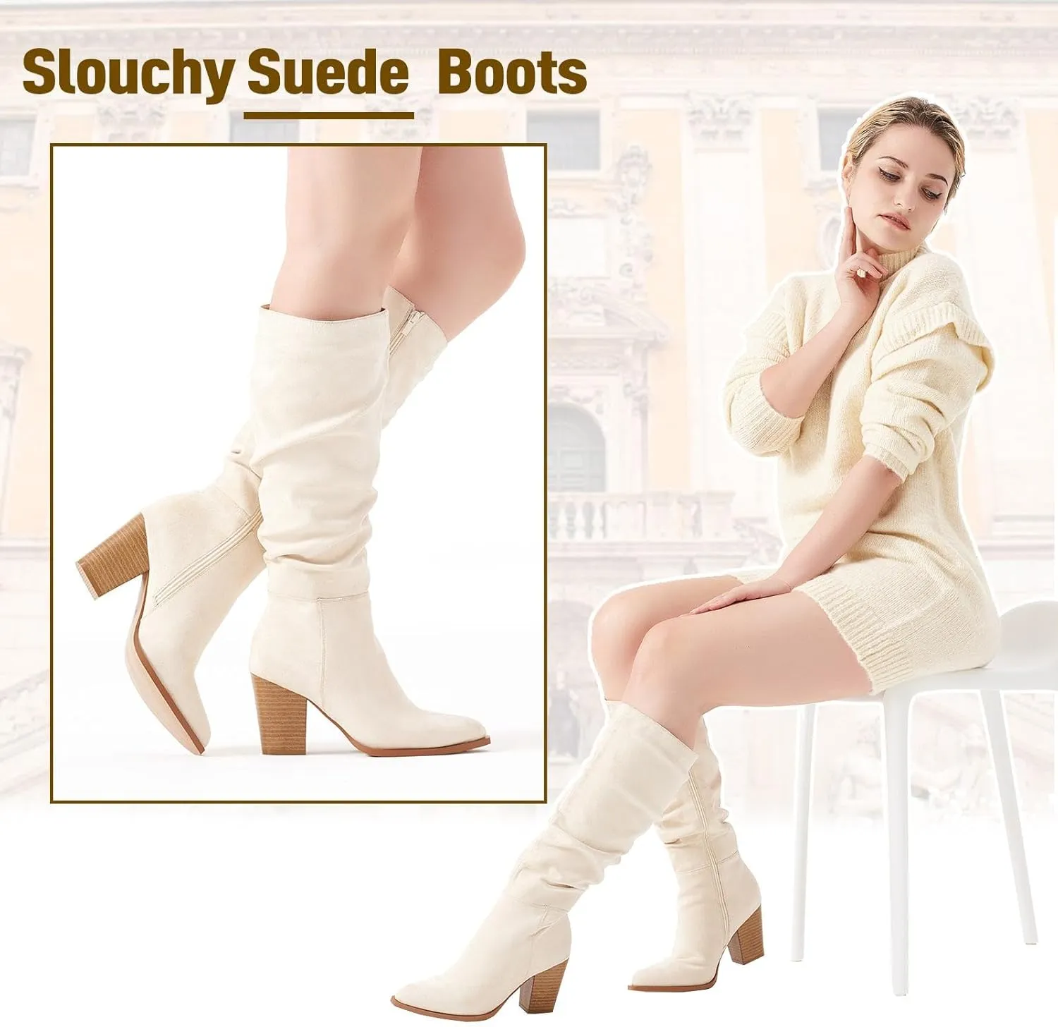 Putu Women's Pointed Toe Knee High Boots Faux Suede Slouch Boots with Chunky Heel