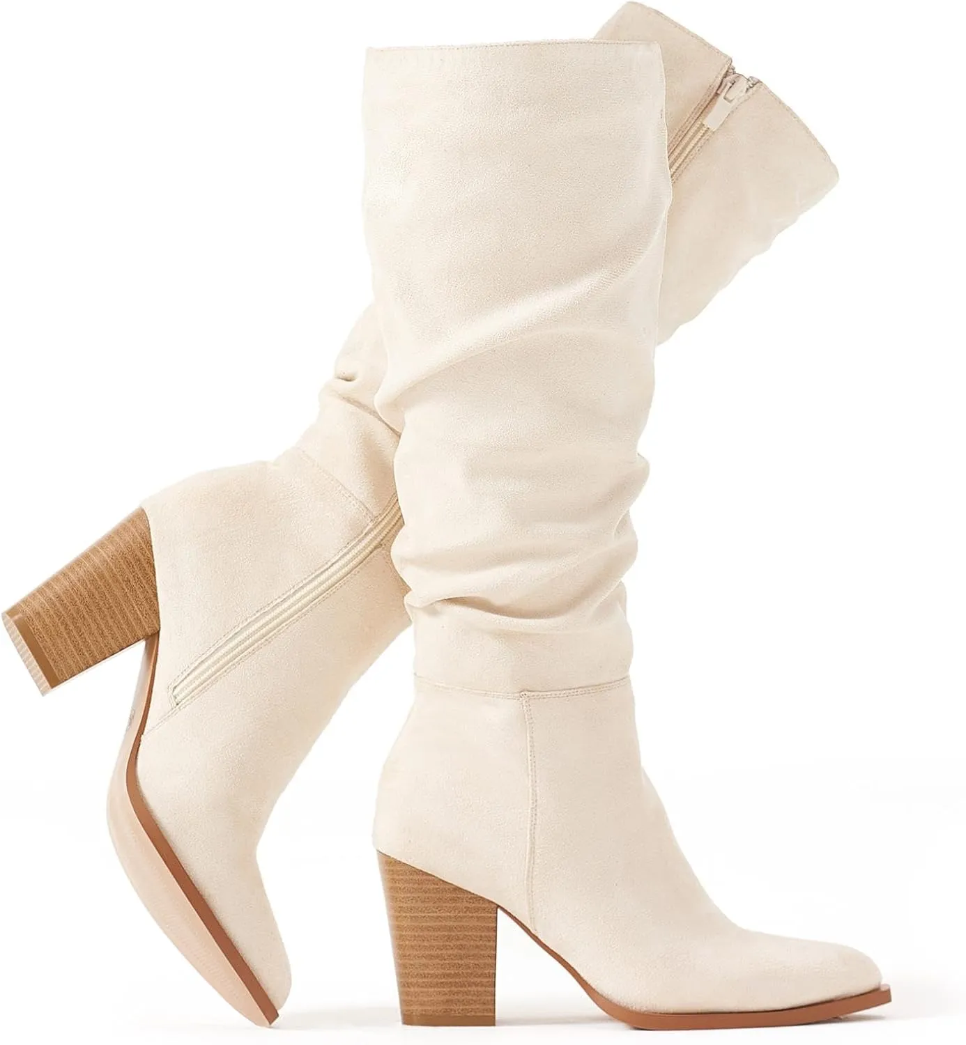 Putu Women's Pointed Toe Knee High Boots Faux Suede Slouch Boots with Chunky Heel