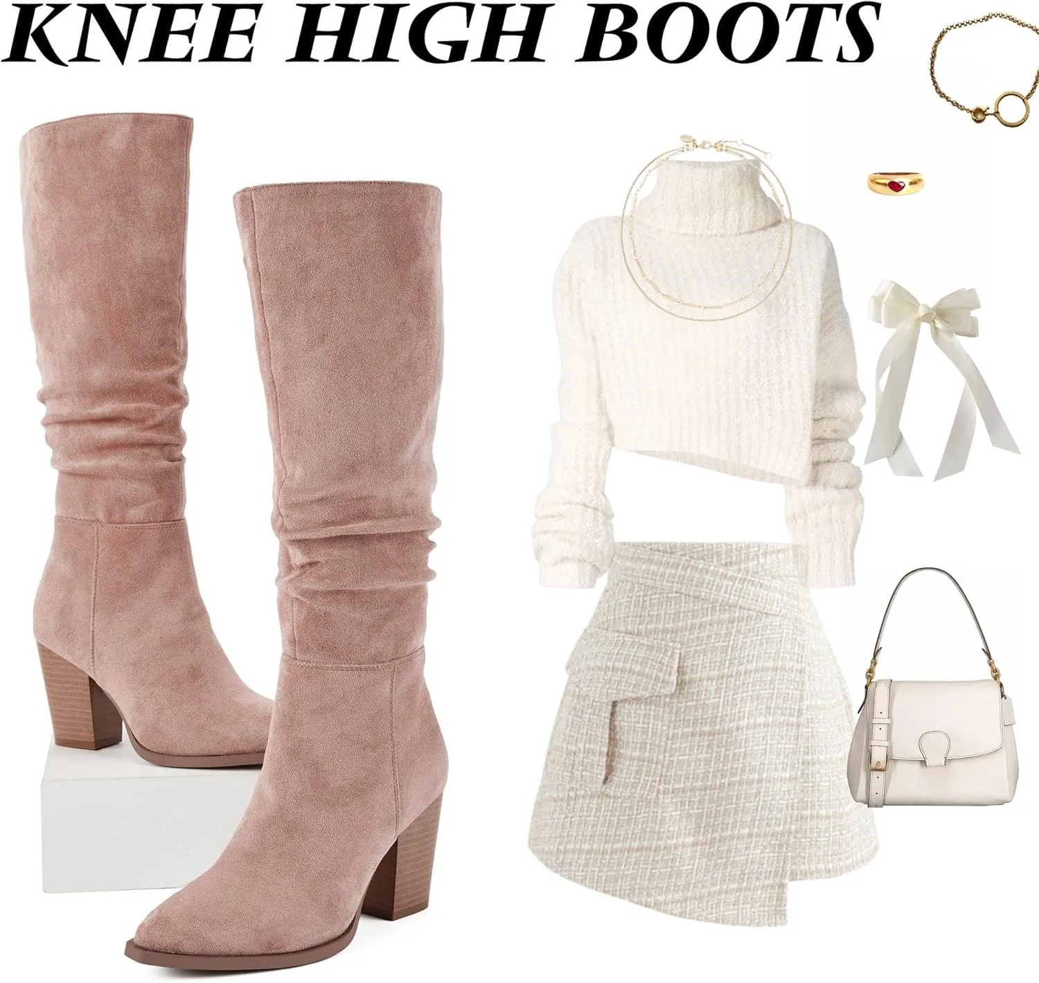 Putu Women's Pointed Toe Knee High Boots Faux Suede Slouch Boots with Chunky Heel
