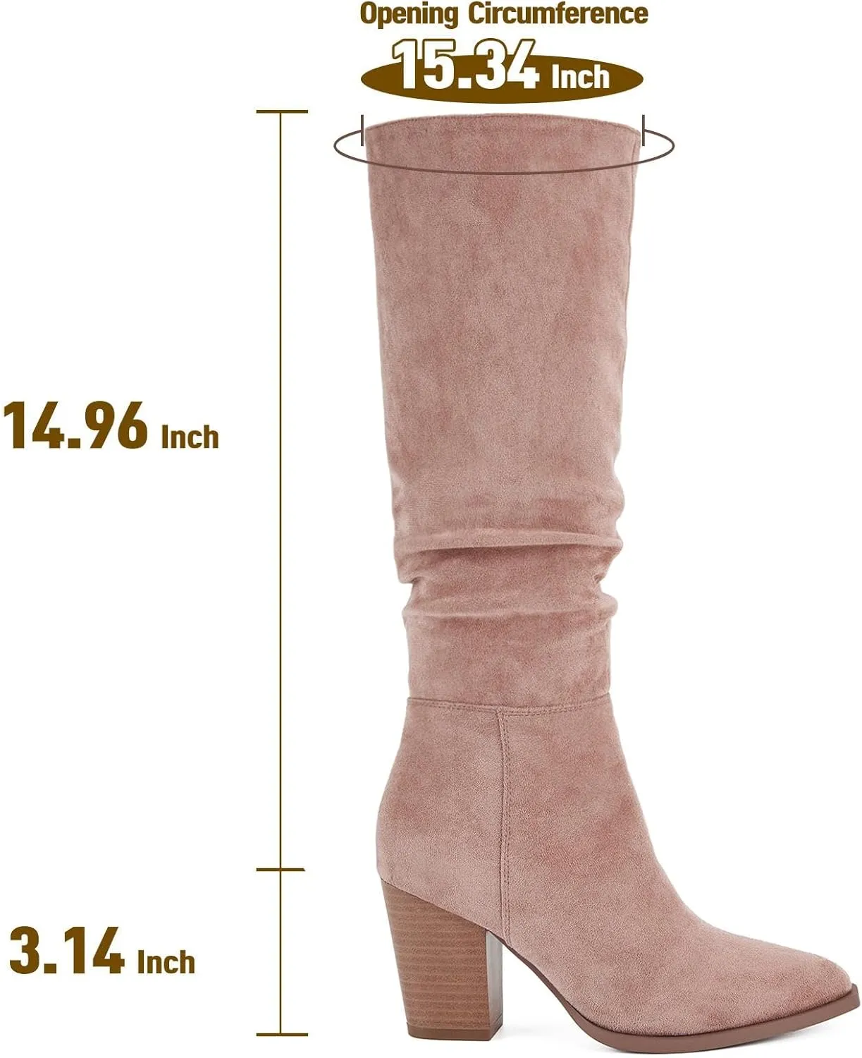 Putu Women's Pointed Toe Knee High Boots Faux Suede Slouch Boots with Chunky Heel