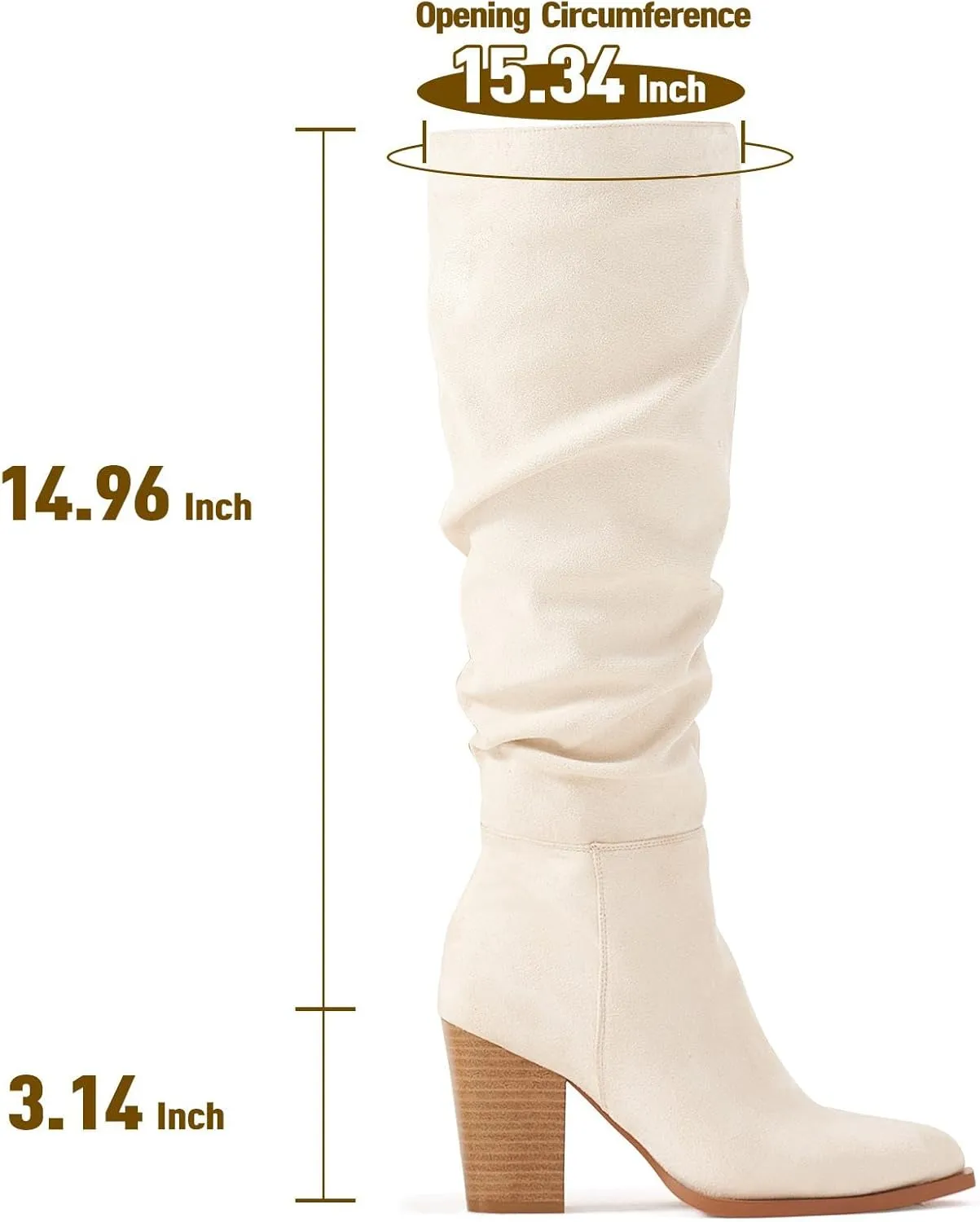 Putu Women's Pointed Toe Knee High Boots Faux Suede Slouch Boots with Chunky Heel