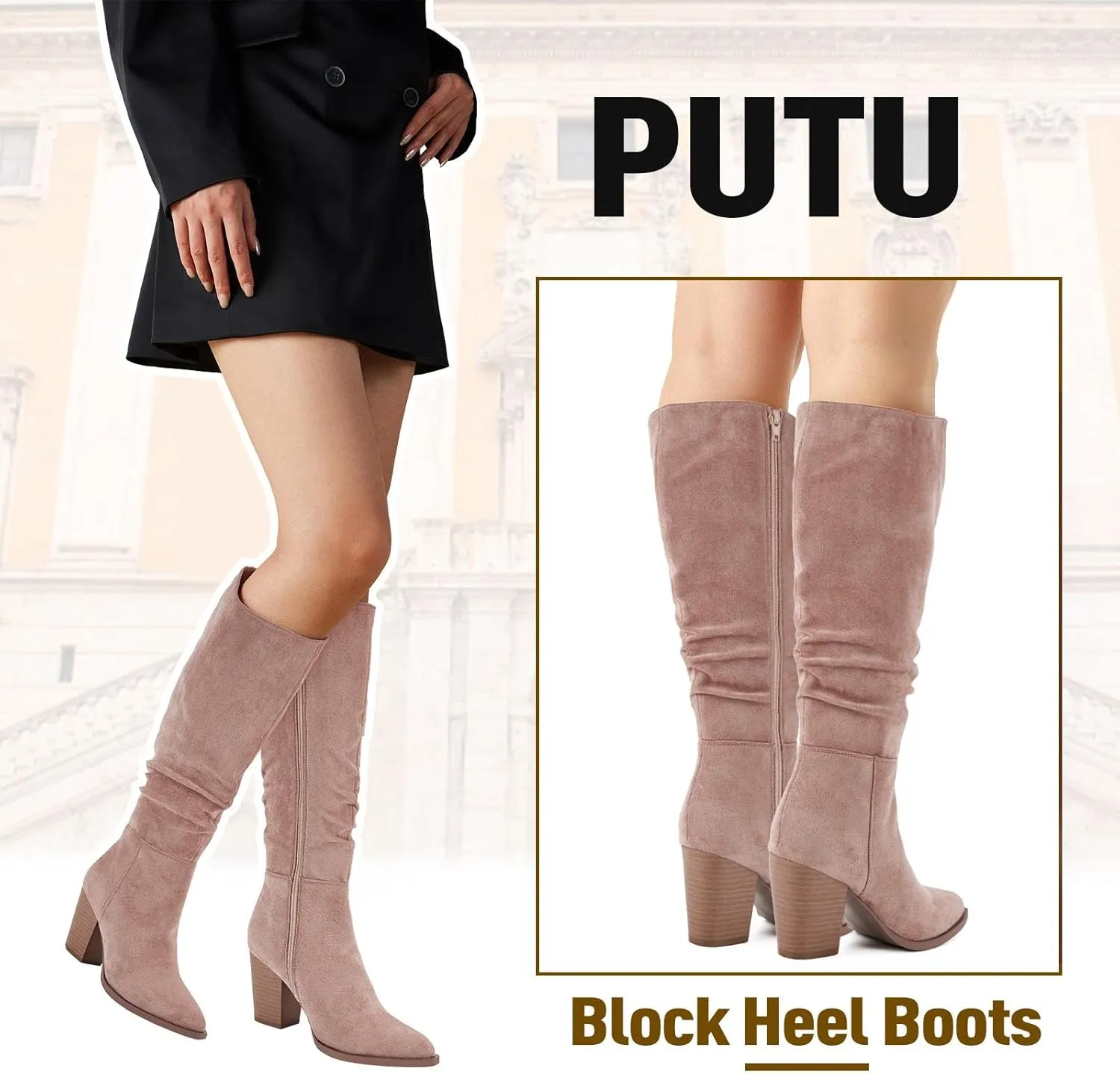 Putu Women's Pointed Toe Knee High Boots Faux Suede Slouch Boots with Chunky Heel